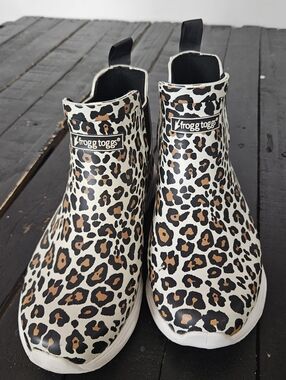 frogg toggs Leopard Print Rain Ankle Boots Women's 6 Black White Tan Pull On